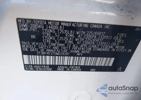 2013 Toyota Rav4 Le z USA, uszkodzony, nr VIN 2T3BFREV7DW029397